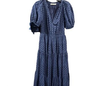Charina Sarte Blue Midi Sundress with Puff Sleeves and V-Neck S 2 4